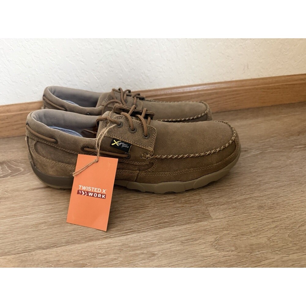 Twisted X Men’s Work Boat Shoe Driving Moc Leather Size 12 Brown Steel Toe